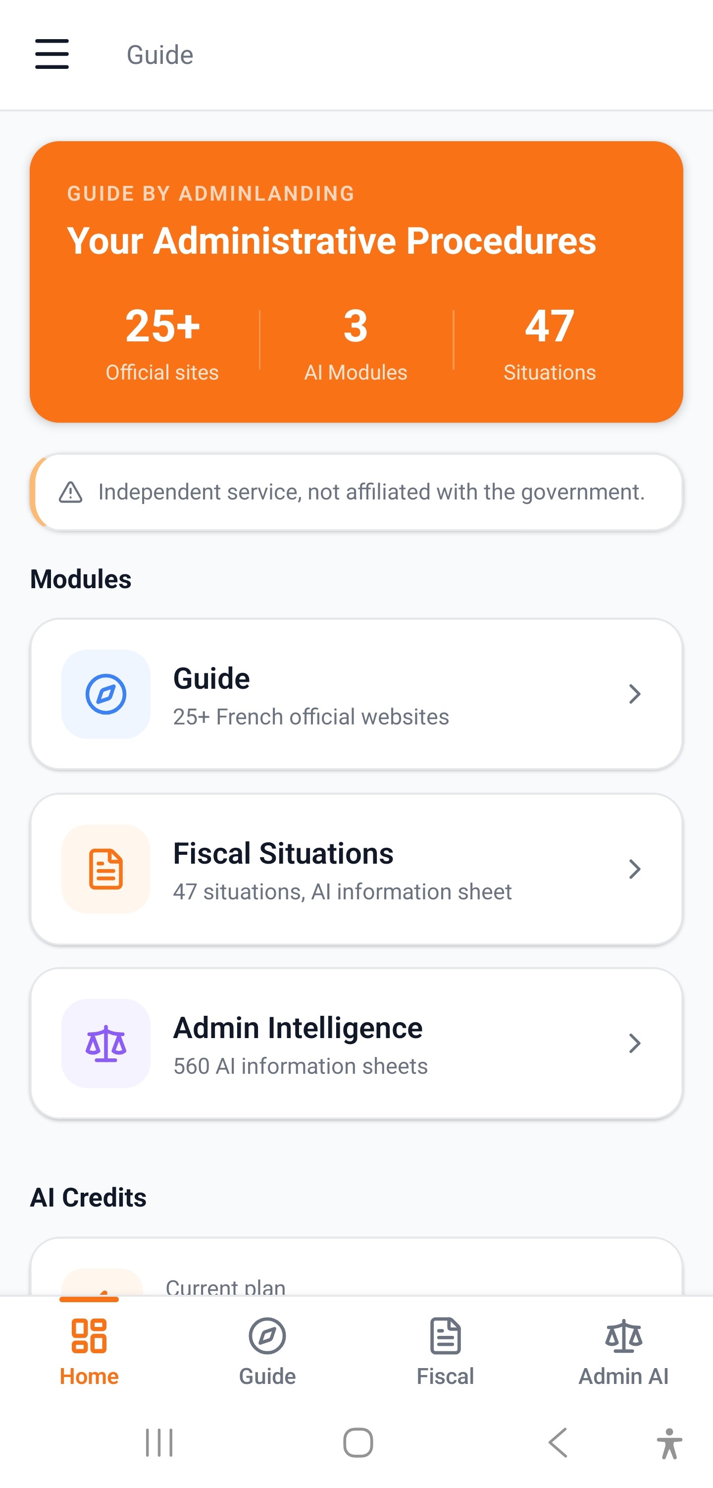 Guide: Démarches en France dashboard — 23 sites, 63 fiscal situations, 543 Admin Intelligence sheets