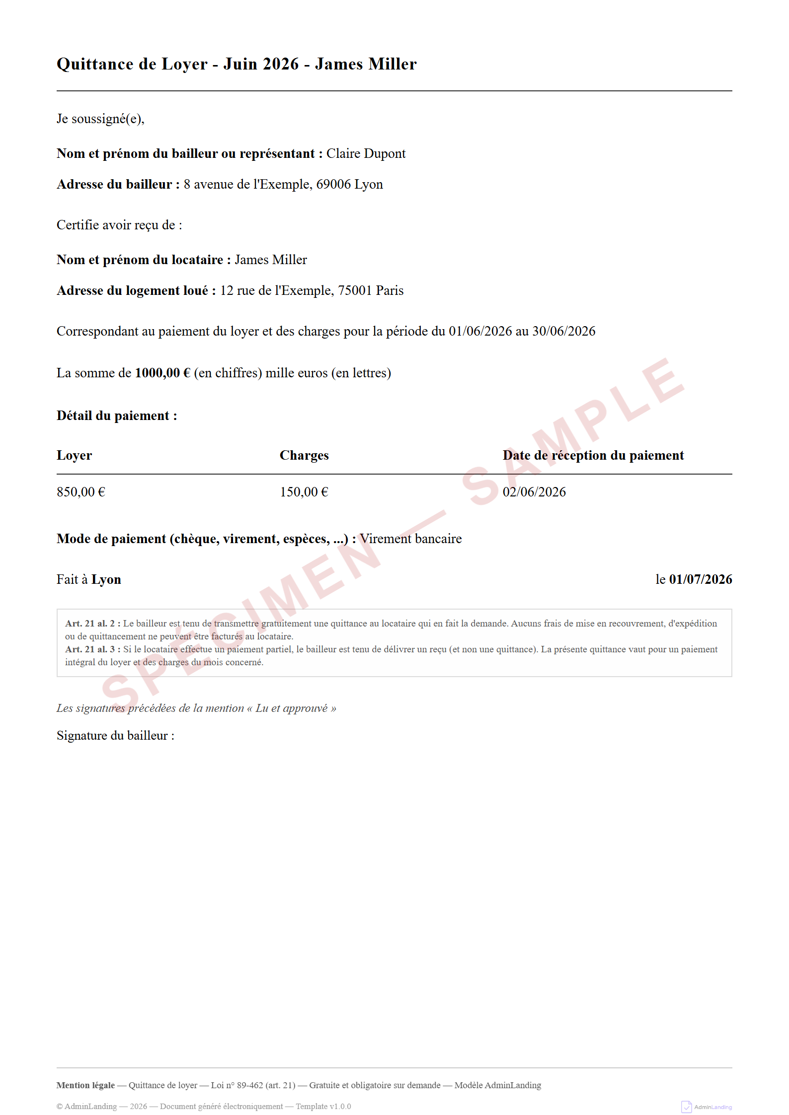 French quittance de loyer generated by Rent — the legally valid rent receipt under Article 21, loi 89-462 (sample document)