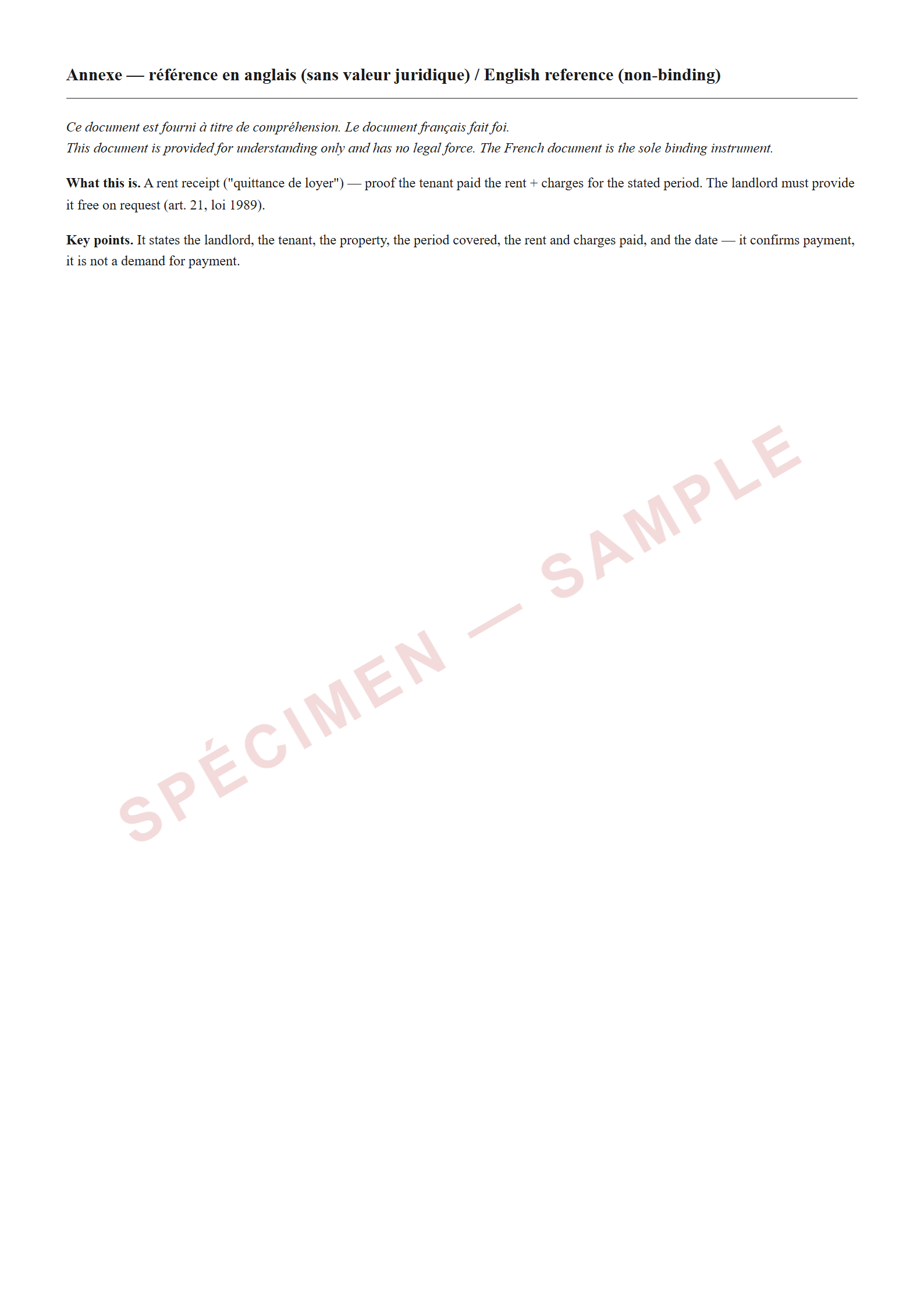 Quittance de loyer with English annexe — the French rent receipt explained in English on the same PDF (non-binding reference, sample document)