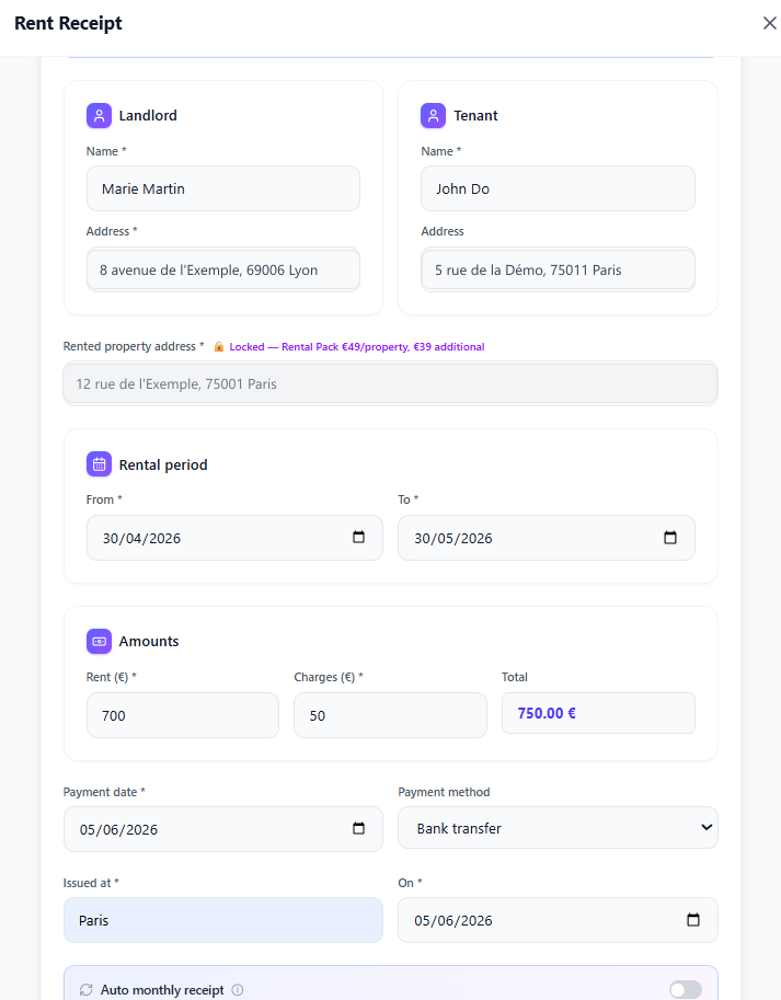 AdminLanding rent receipt form with pre-filled landlord and tenant details