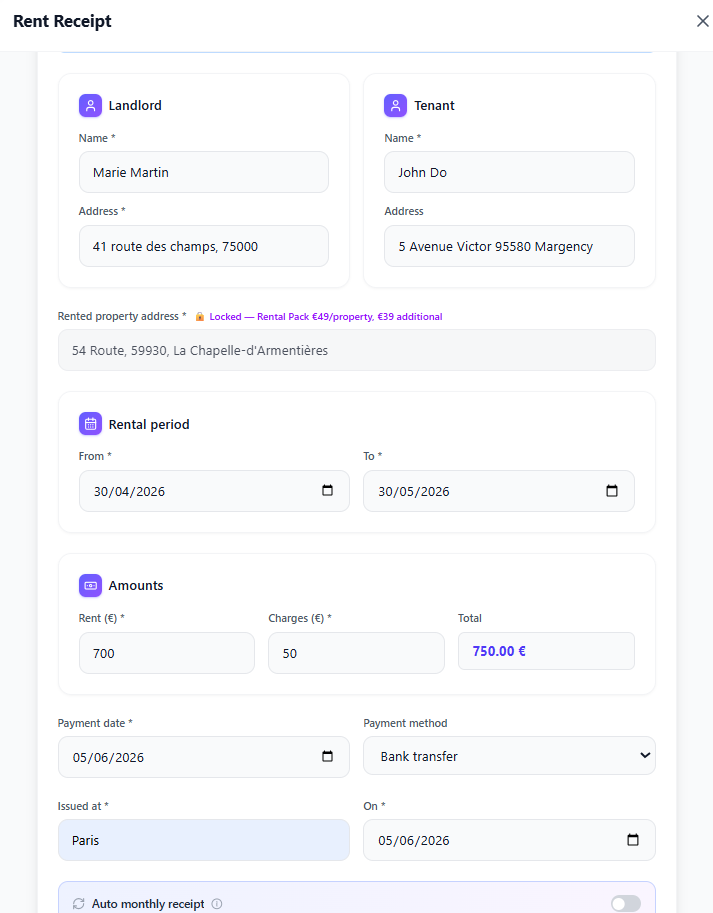 AdminLanding rent receipt form with pre-filled landlord and tenant details