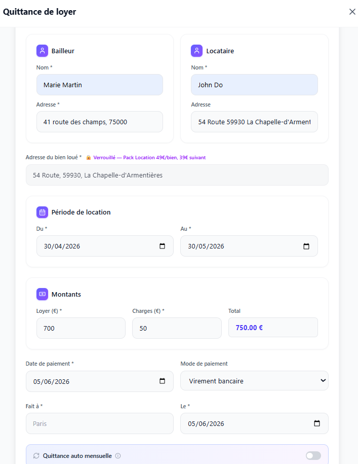 Formulaire locatif AdminLanding avec données pré-remplies