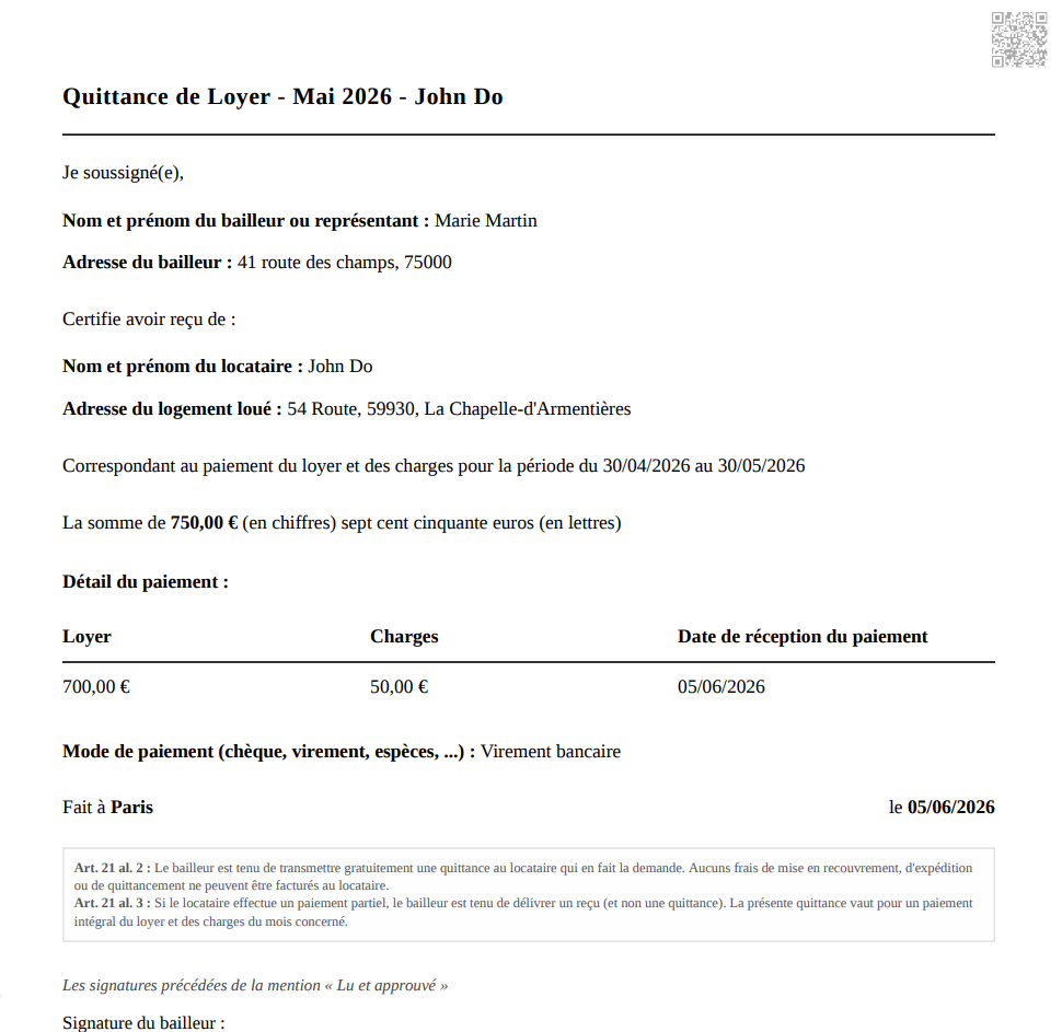 Aperçu du document locatif généré par AdminLanding