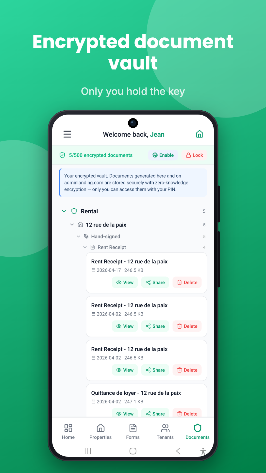 Tenant encrypted vault on mobile