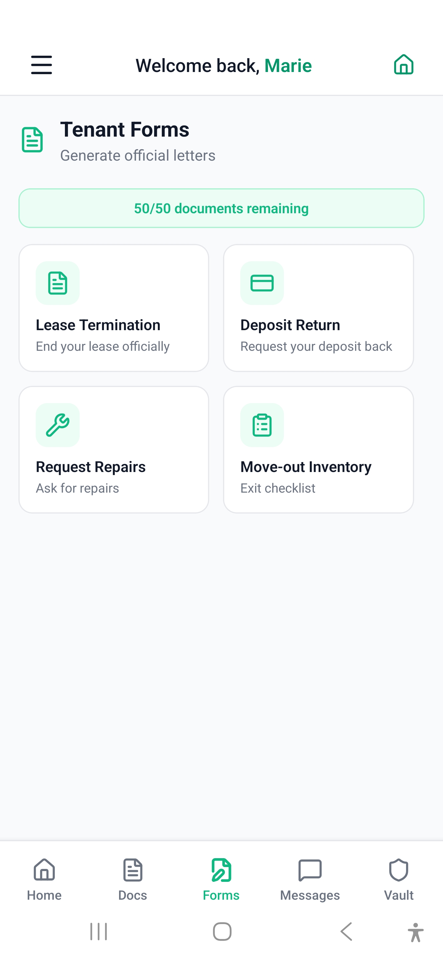Portail locataire — 4 générateurs de courriers structurés sur Android