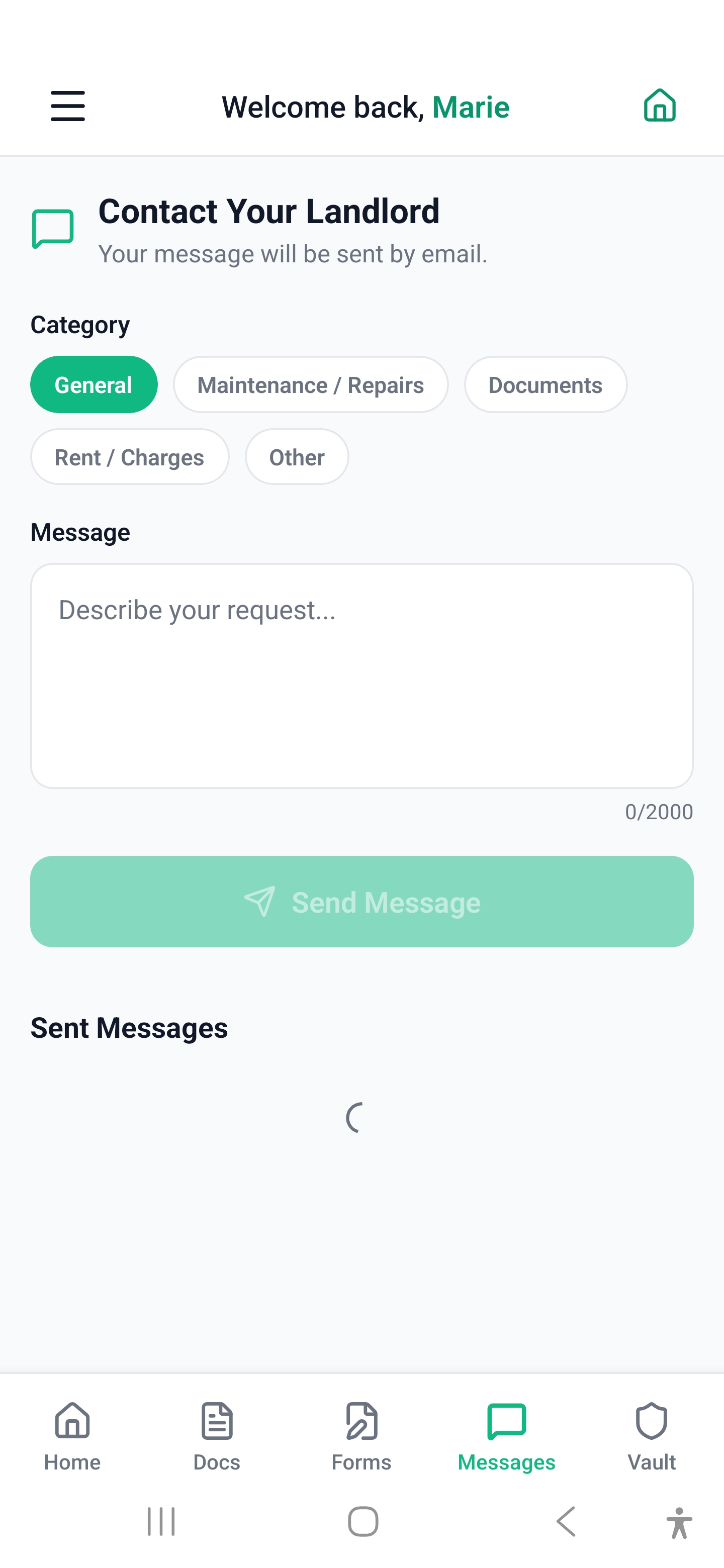 Messagerie portail locataire — 4 catégories sur Android