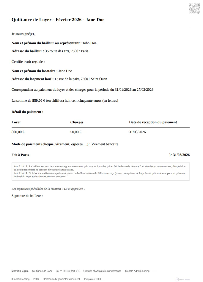 PDF de quittance de loyer conforme à l'article 21 de la loi 89-462