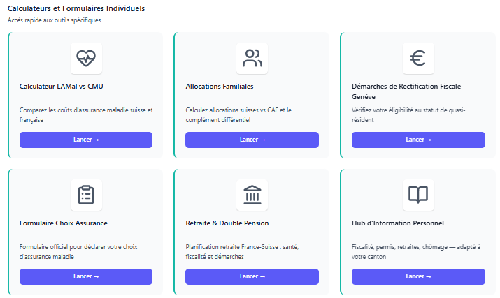 Boîte à outils frontalière web AdminLanding — calculateurs LAMal/CMU, CAF, quasi-résident Genève